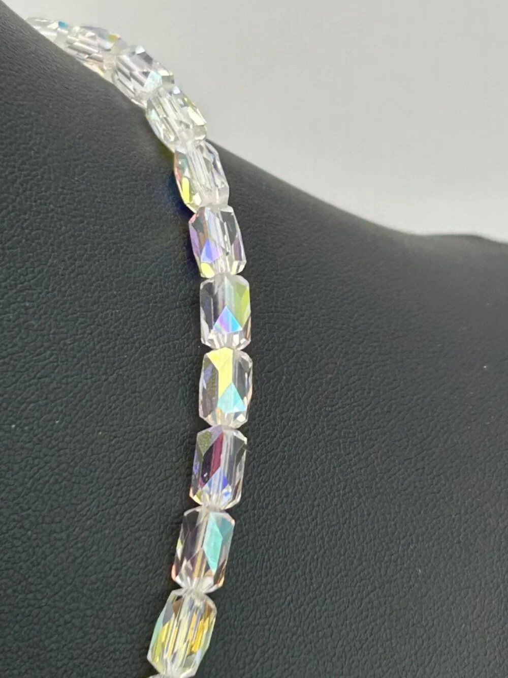 Vintage AB Crystal Rainbow Barrel Bead Necklace Aurora Borealis 16”